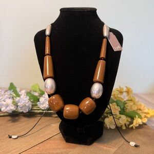 NWT J. Jill Chunky Statement Necklace Brown Silver Beaded Adjustable